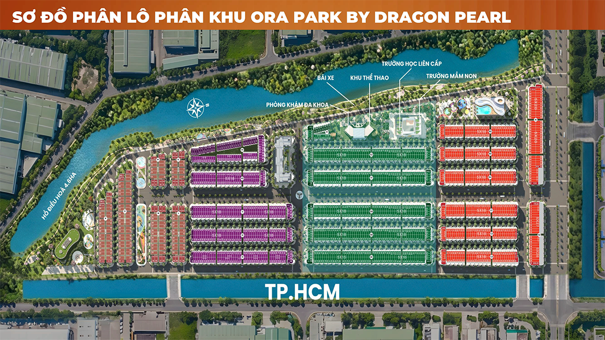Sơ đồ phân lô phân khu Ora Park với các dãy nhà liền kề, biệt thự song lập và hồ điều hòa