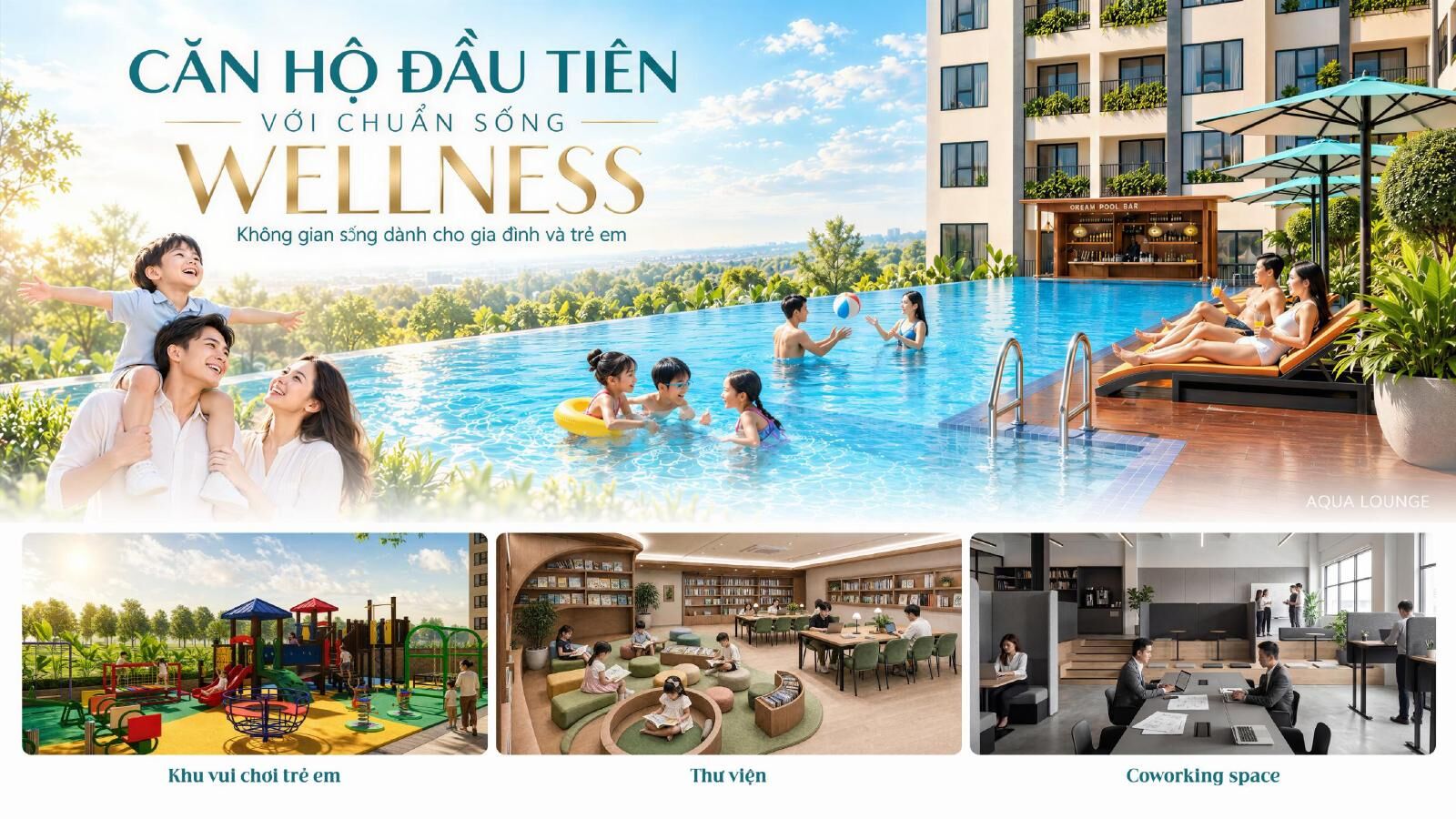 Hồ bơi, khu vui chơi trẻ em, thư viện và coworking trong tiện ích căn hộ Dragon Home